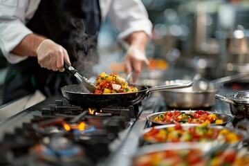 Wall Mural - Chef preparing a delicious meal in a commercial kitchen