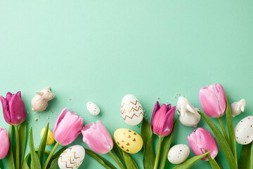 Wall Mural - Easter festivity: a springtime bloom. Top view shot of tulips, bunny figurines, decorated eggs on teal background with space for advertising or personal greetings