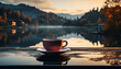 Tranquil scene coffee cup reflects autumn beauty in nature generated by AI