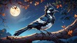 magpie bird with tree trunk blending with nature in the middle of a beautiful night and moonlight on its feathers with sharp colors and clear sharp lines awesome animation
