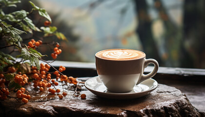 Wall Mural - Fresh coffee cup on wooden table, surrounded by nature rustic beauty generated by AI