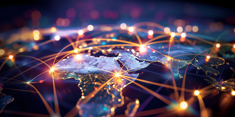 Wall Mural - digital world map, africa and asia, concept of global network and connectivity, high speed data tran