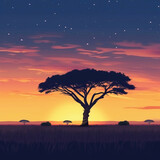 African savannah at sunset with acacia tree. Vector illustration.