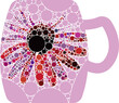 Eine rosafarben-weiße Tasse, dekoriert mit einer abstrakten Blüte, die aus farbigen Punkten und Kreisen gestaltet ist. Als Überlagerung, Overlay, Symbol oder Hintergrund