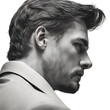 Profile face of a man, handsome man vintage look ,black- white image 