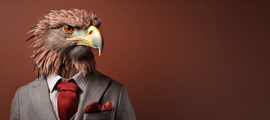 Wall Mural - Eagle in business suit at corporate workplace, studio shot on plain wall with space for adding text.