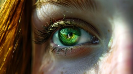 Poster - close up of enchanting eye with glowing ai icon reflection, artificial intelligence concept