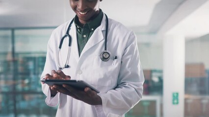 Poster - Man, doctor and tablet in hospital, confident and employee for healthcare, check results or online. Medicare, happiness and professional in medical career, job and black person for medicine or worker