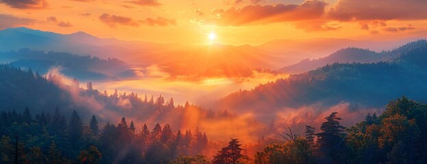 Wall Mural - golden sunrise over misty mountains layered hills, serene and majestic mountain landscape view