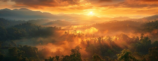 Wall Mural - dramatic sunrise sun flaring above mist filled valleys, illuminating dense forest