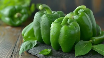 Wall Mural - Fresh green bell peppers with water droplets background, perfect for healthy eating concepts.