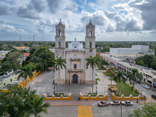 Mexico, Valladolid, Traditional Mexican Town With Beautiful Park And Church From Areal View