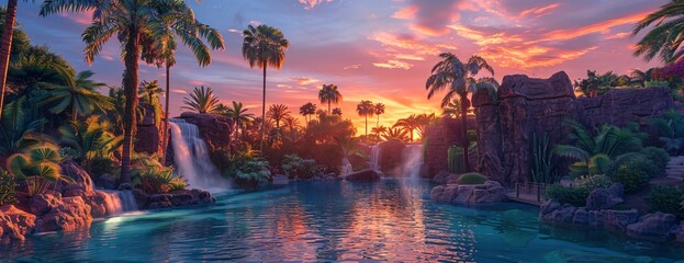 Wall Mural - Enchanting waterfalls amidst palm trees reflecting fiery sunset sky in tranquil oasis setting