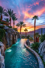 Wall Mural - Waterfalls flowing into serene pool lined palm trees under dramatic sunset sky