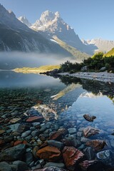 Wall Mural - Crystal clear lake submerged stones, green hills, and rugged peaks under bright blue sky