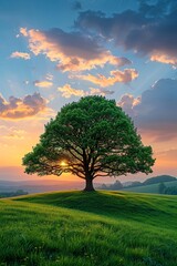 Wall Mural - Solitary tree on hill, sunlight against moody sky