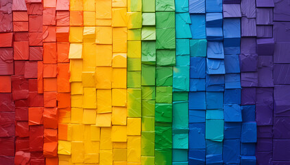 Rainbow colored painted wood blocks wall. LGBT flag artistic textured background.