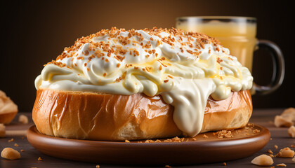 Poster - Freshly baked bread and gourmet dessert on wooden table generated by AI