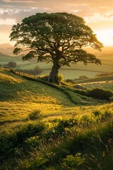 Wall Mural - Ancient tree on hillside at sunset, pastoral backdrop and sheep grazing in distance