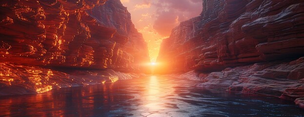 Wall Mural - canyon walls in hues of purple and pink envelop serene river, under soft gradient sky