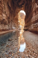 Wall Mural - Sunlight filters through canyon, casting reflections on river running between rugged cliffs