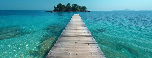 Wall Mural - straight wooden jetty over clear sewater leads to rocky outcrop dense tropical trees