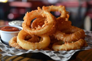 Wall Mural - Basket of deep fried onion rings