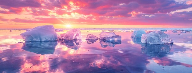 Wall Mural - glacial ice floats on calm water under sunset, sky ablaze pink and orange, reflecting vibrant hues o