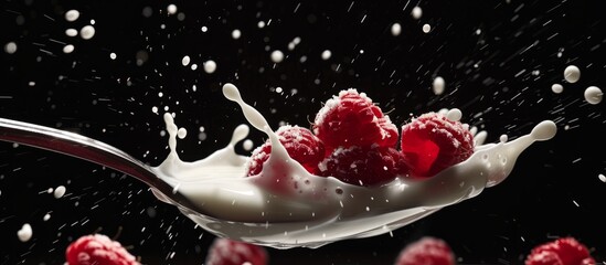 Wall Mural - Close-up of a spoon full of freshly poured milk and juicy rass fruits