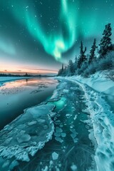 Wall Mural - vibrant green aurora borealis swirling in night sky above snowy forest and frozen river