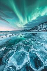Wall Mural - Aurora Borealis over frozen landscape sunrise peeking on horizon, northern lights panoramic
