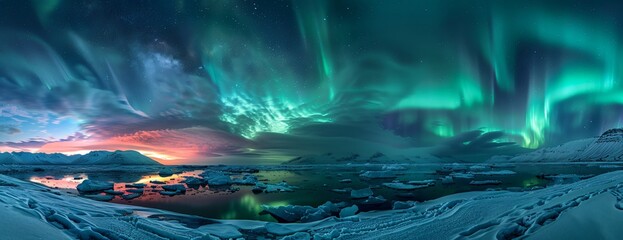 Wall Mural - northern lights radiating over icy waters amidst floating glaciers during twilight