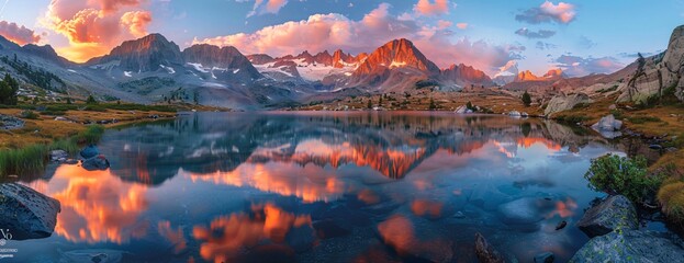 Wall Mural - Wide-angle sunset view of mountainous landscape clear lake reflecting fiery sky