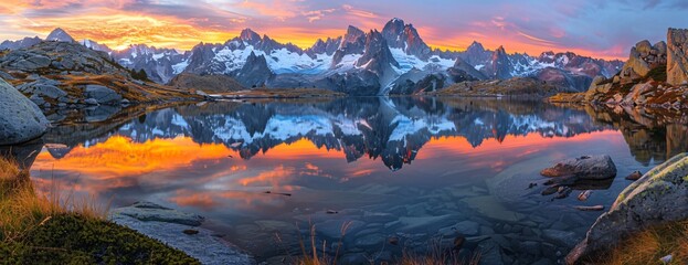 Wall Mural - dramatic mountain reflections on lake at sunset, rich orange and blue tones in sky