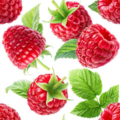 Wall Mural - Seamless pattern of flying juicy raspberries with leaves isolated on white background