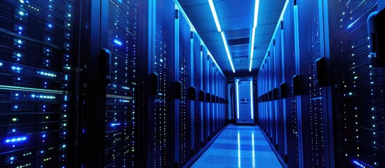 Poster - Bright blue-lit server room filled with rows of data servers for big data storage.