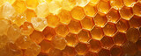 Golden honeycomb background, sweet and healthy natural dessert. Honey production, apiculture. Propolis, bee wax, realistic honeycomb texture, hexagon pattern.