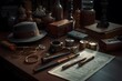 Sherlock Holmes inspired detective kit on wooden surface , .highly detailed,   cinematic shot   photo taken by sony   incredibly detailed, sharpen details   highly realistic   professional photography