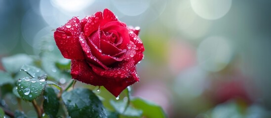 Wall Mural - Vibrant red rose blooming with fresh water droplets in morning light