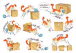 Prepositions of direction. English prepositions of movement. A clear example with a cat and a box. up, down, around, into, away from, to, out of, across, along, through. Funny cartoon character. Set