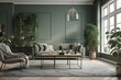 Contemporary living room with trendy sage green wall, modern furniture, and house plants. , .highly detailed,   cinematic shot   photo taken by sony   incredibly detailed, sharpen details   highly rea