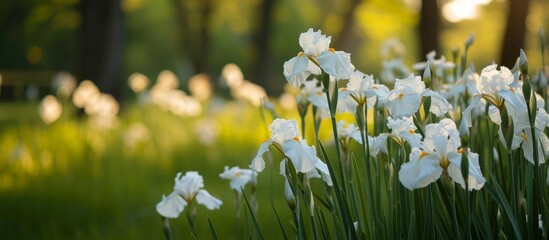 Canvas Print - Beautiful white flowers blooming under the warm sunlight in a peaceful garden