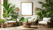 A lush, tropical-style room with bamboo furniture, green plants, and a white frame mockup for decor.