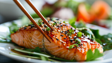 Wall Mural - a plate of salmon with chopsticks on it and a salad in the background