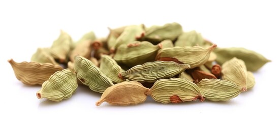 Wall Mural - A pile of cardamom seeds, a staple food ingredient in many cuisines, on a white dishware surface