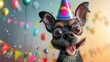 Happy Cute Dog in Party Hat: Whimsical 3D Cartoon Animal Celebrating with Colorful Lighting and Festive Party Vibes
