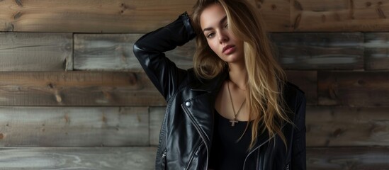 Poster - Stylish woman in edgy black leather jacket and jeans posing confidently in urban setting