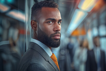 Black African man on public transport, city subway. Transportation concept. Background with selective focus