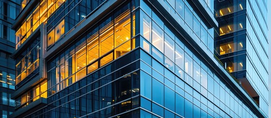 Poster - This photo captures a captivating corner view of a very tall corporate building, showcasing its exquisite detail and multitude of windows.
