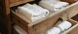 Rustic wooden drawer filled with neatly folded towels and elegant bath linens
